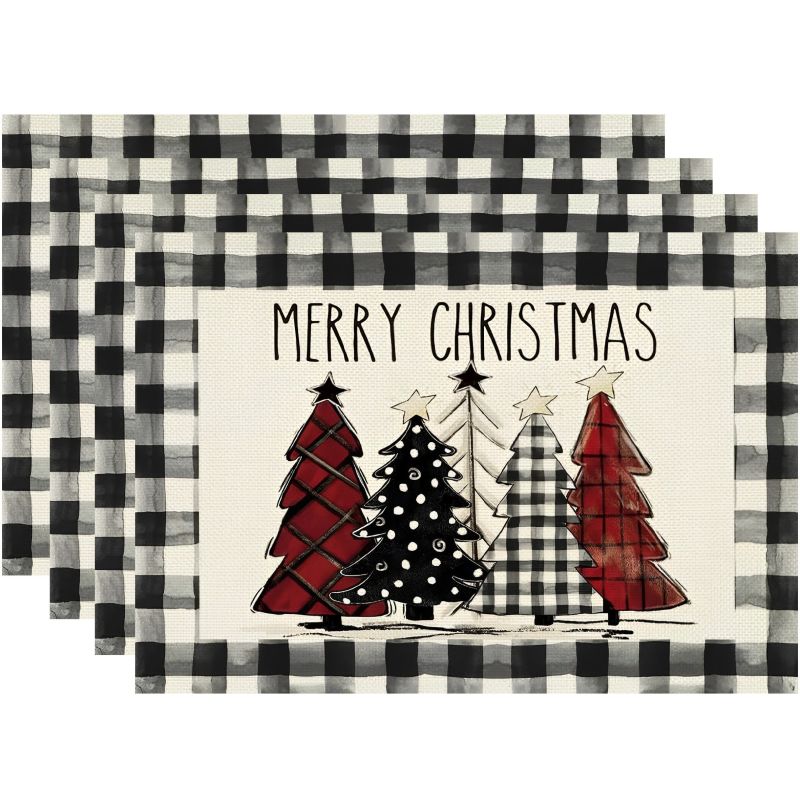 Buffalo Plaid Merry Christmas Placemats Heat Insulation Stain-Resistant Square Linen Table Mats for Dining Table Decoration