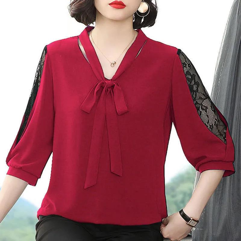 Women's Spring and Autumn Long-sleeved Chiffon Shirt Large Size Loose Solid Color Lace-up Top