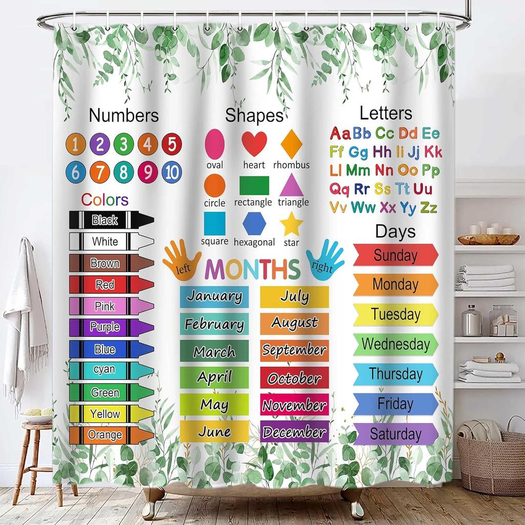 Alphabet Kids Educational Shower Curtain, Learning Tool Unisex Fabric Bathroom Decor with 12 Hooks