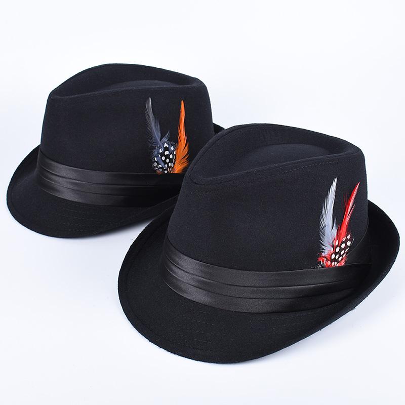 Feathers Fedora Hat Men 2026 Autumn Casual Short Sleeve Fedoras Elegant Gentleman Sombrero Hombre Black British Felt Top Hats