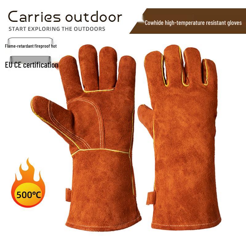 Cowhide Heat-Resistant Oven Gloves, Outdoor BBQ & Picnic, Oil-Proof & Anti-Scald