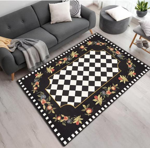 White and Black Checkered Area Rug with Flowers Pattern Carpet Beautiful Vibrant Flowers Pattern Rug Custom Home Decoration