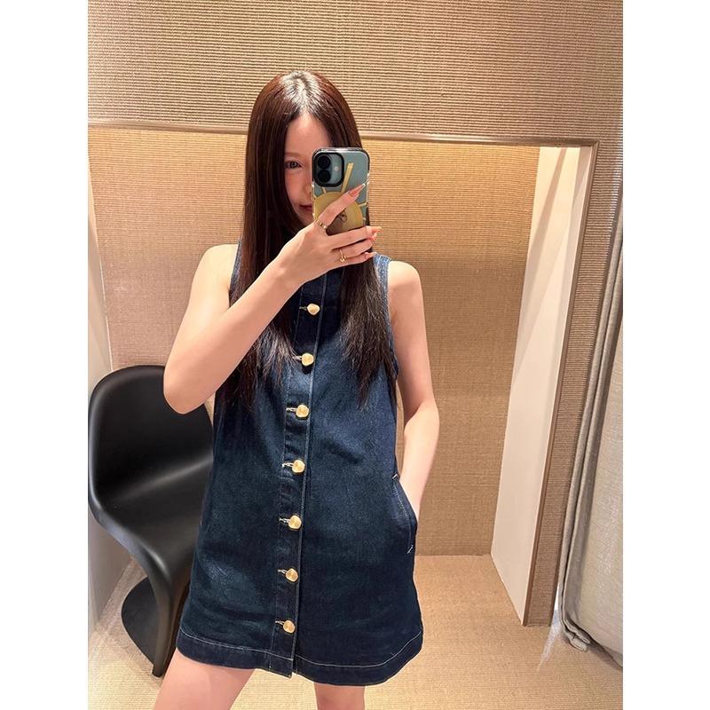 Hong Kong style retro design single-breasted denim vest dress women's fashion temperament sleeveless slim-fitting short skirt