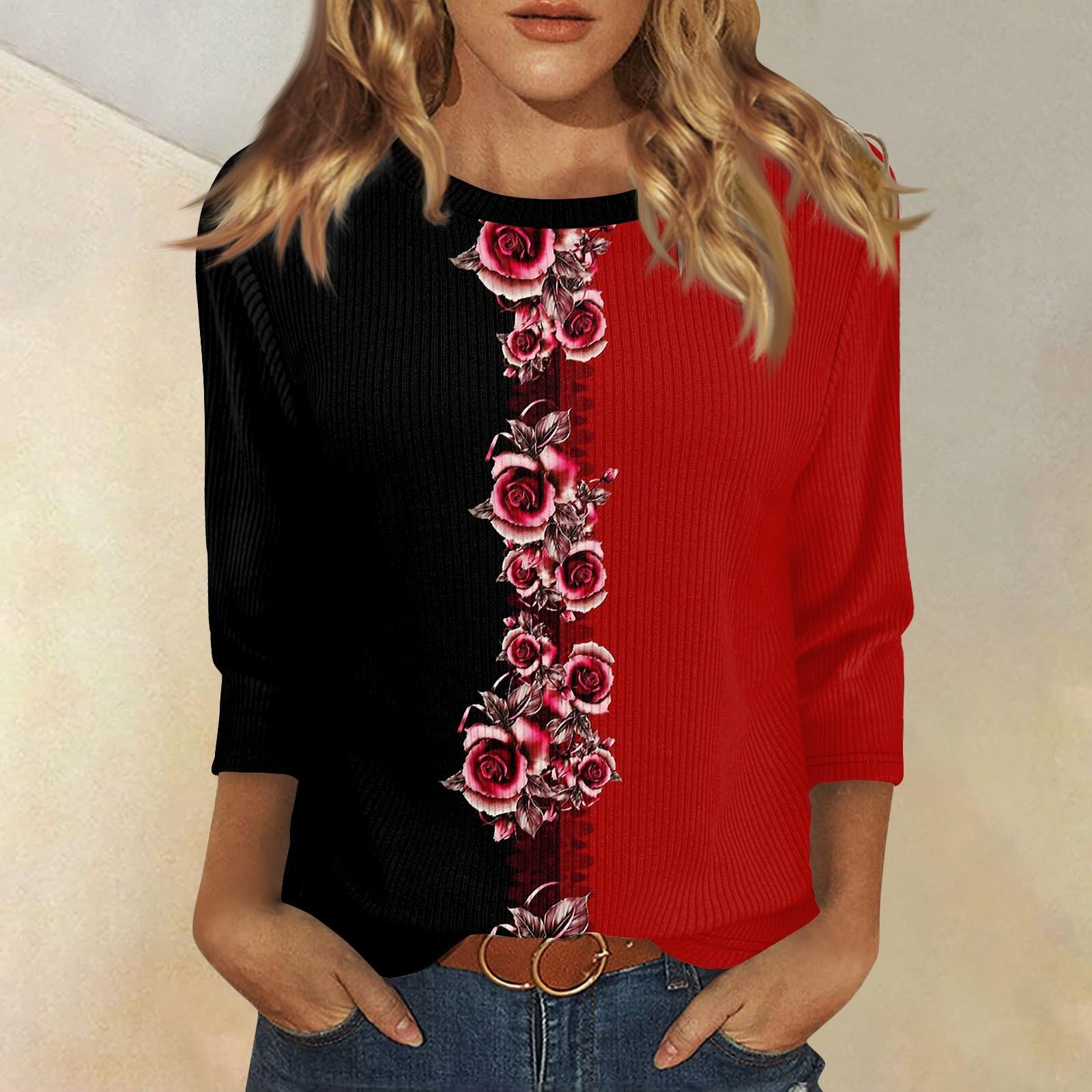 

3/4 рукава топы для женщин футболка повседневные принты топы футболка круглый вырез пуловер блузка XL винный