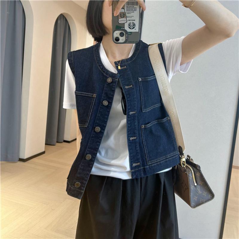 Korean Style Retro Dark Blue Round Neck Denim Vest - Women's Petite Sleeveless Fashion for Spring & Autumn