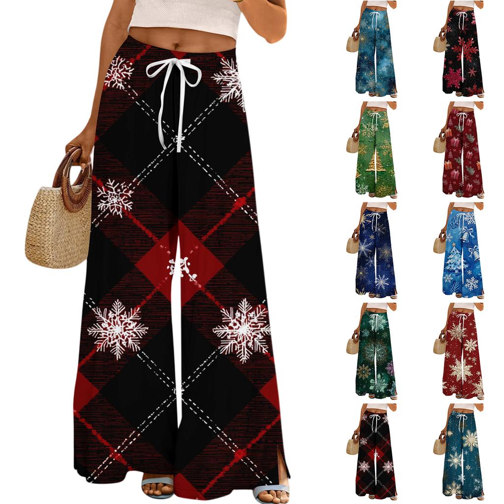 Ladies' Loose And Casual Christmas Printed Wide Leg Pants With Elastic Waistband Drawstring And Pocket Pants