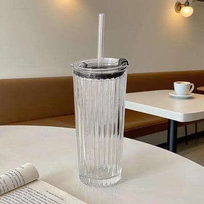 Ribbed Glass Coffee Cup with Lid and Straws