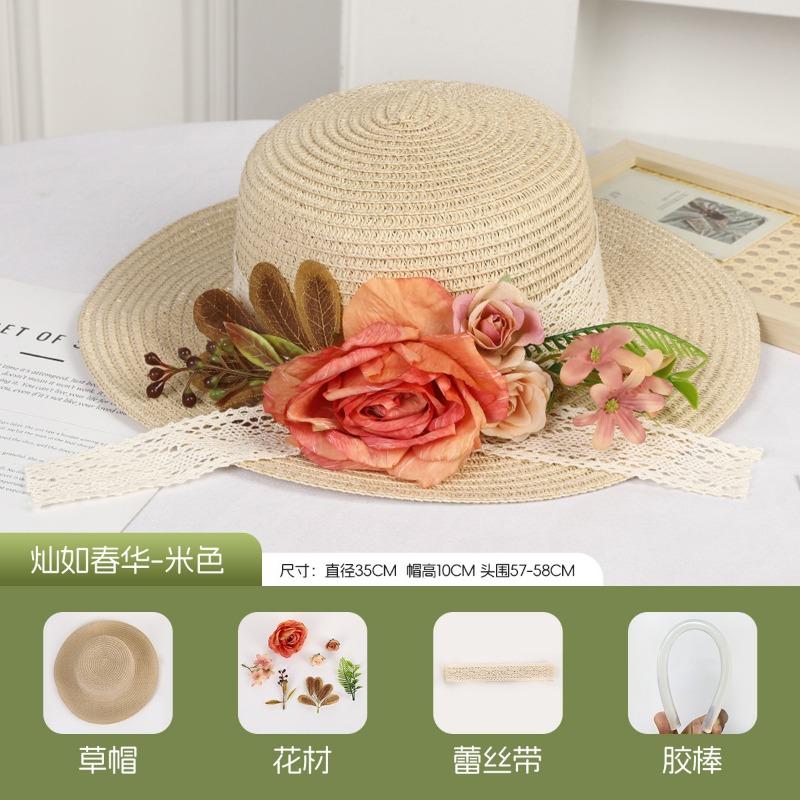 DIY Handmade Straw Hat Straw Shade Floral Fashion Shade Hat Leisure Activities Heavy Industry Flat Top Gift Hat