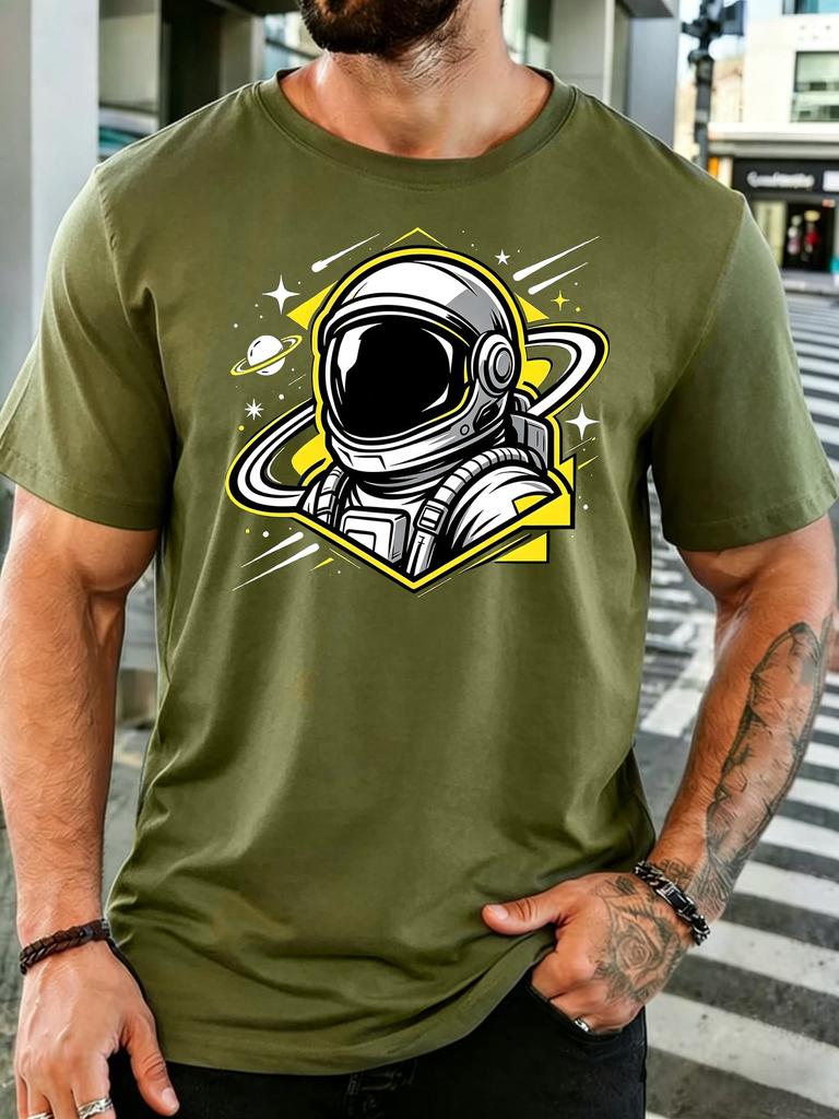 Vintage Colorful Astronaut Planet Star Space Graphic Unisexs Soft Cotton Short Sleeve Loose Cosmic Explorer Daily Casual Street Tee