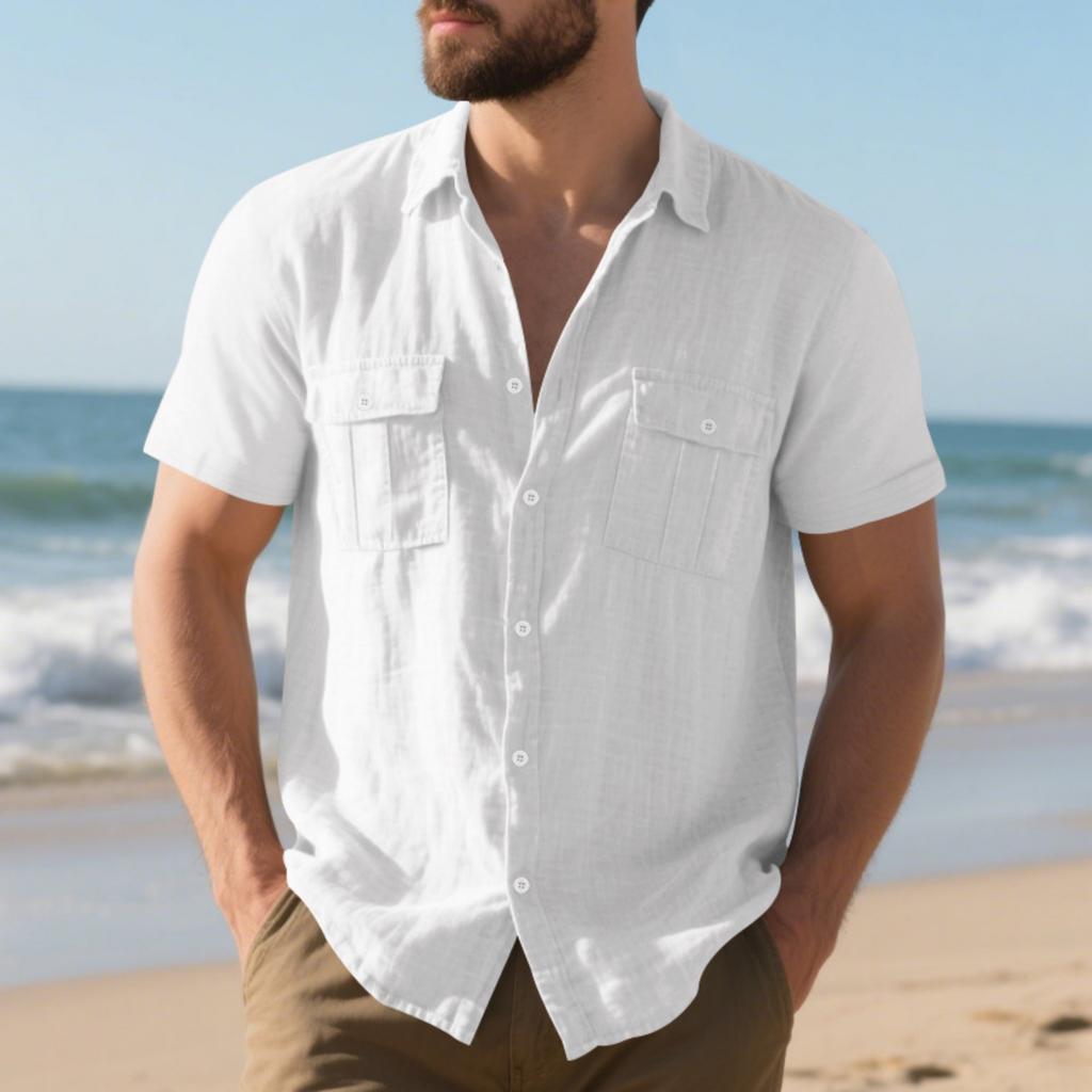 Men's Loose Fit Beach Shirt Breathable Casual Linen Short Sleeve Button Down Multi Pocket Utility Work Shirt