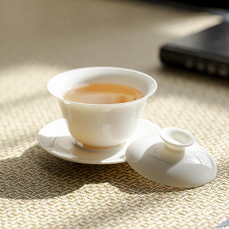 White Porcelain Three-Talent Covered Bowl Kung Fu Tea Set Jade Clay Pure White Tea Brewing Bowl