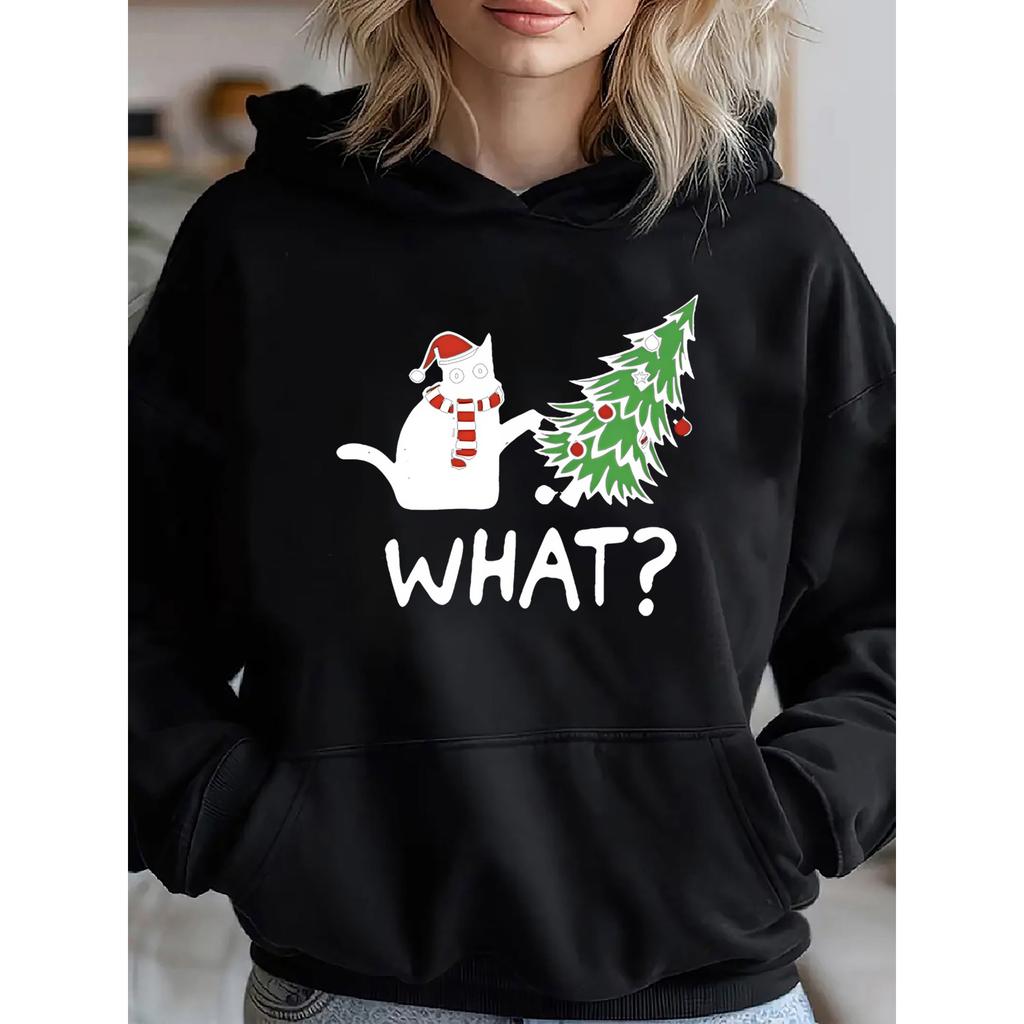 2025 Women's Festive Christmas Cat Print Hoodie Women Sweatshirt Casual Long Sleeve Fall & Winter Warm Hoodie