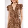 Vestido midi beige para mujer, cuello cruzado, volantes en los hombros, cintura elástica, largo midi, mangas 24y001020
