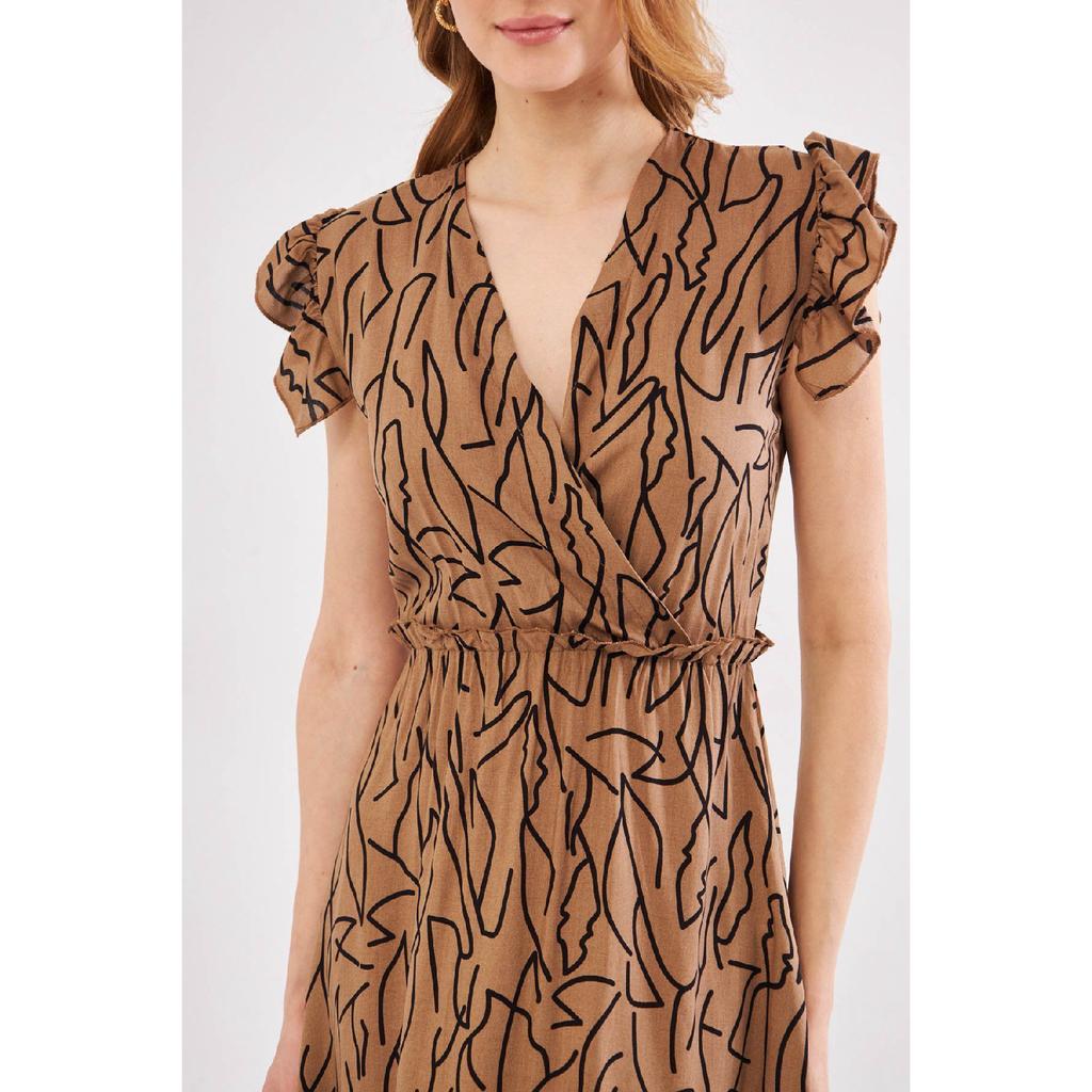 Vestido midi beige para mujer, cuello cruzado, volantes en los hombros, cintura elástica, largo midi, mangas 24y001020