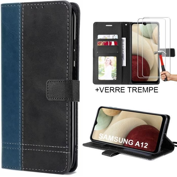 Coque pour Samsung Galaxy A12 + 2 Verres Trempés, Antichoc Synthécuir Bleu Marine-Noir