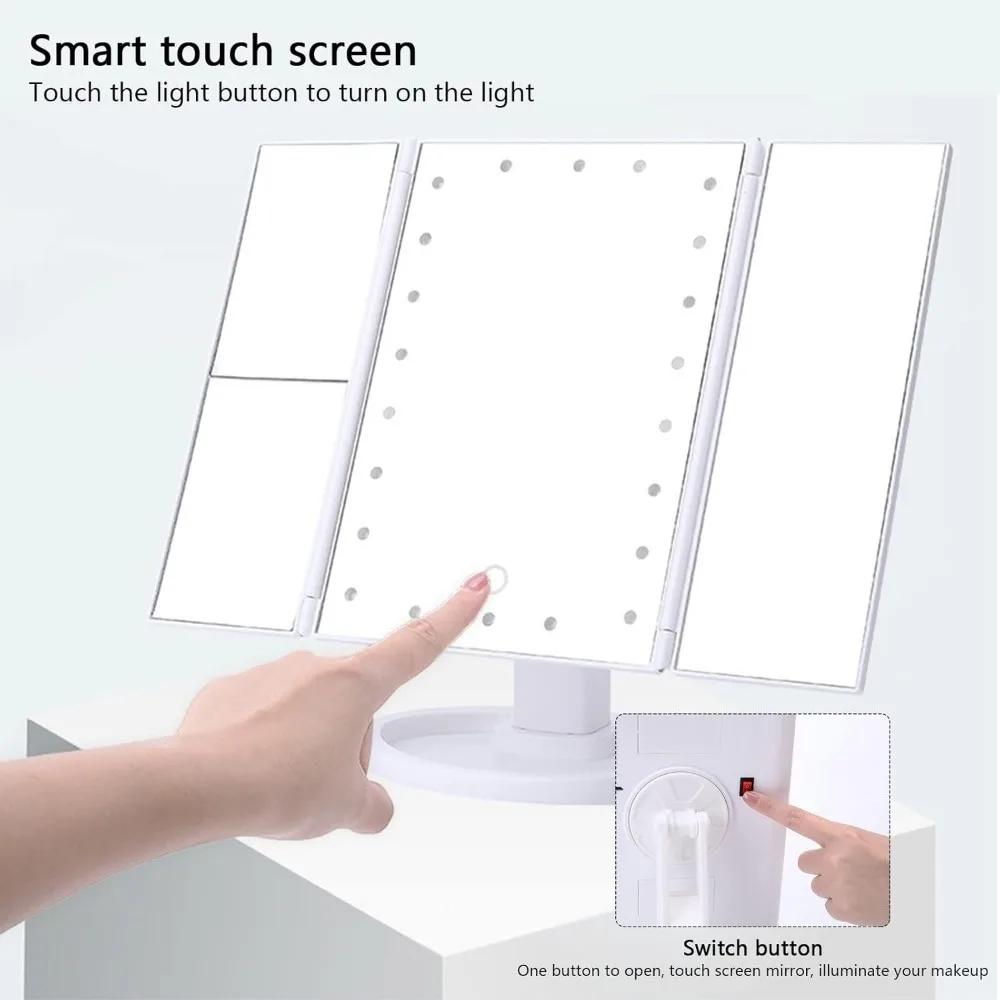 LED Vanity Makeup Mirror with Touch Control, Adjustable Lighting 1X, 2X, 3X Magnification, Trifold Design Ideal Gift for Women