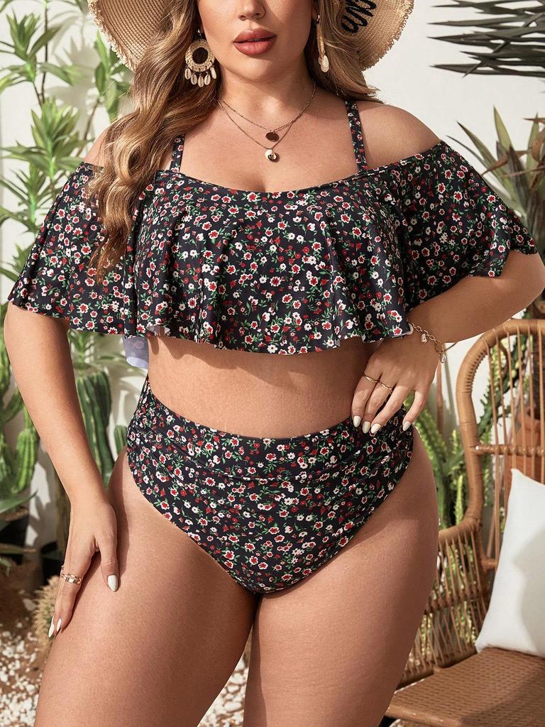 Plus Size Floral Two-Piece Bikini with Ruffles