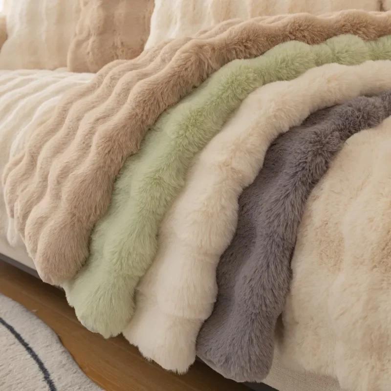 Thicken Rabbit Plush Sofa Cover Nordic Solid Color Sofa Towel Covers Non-slip Couch Slipcovers Sofa Towel for Living Room Decor
