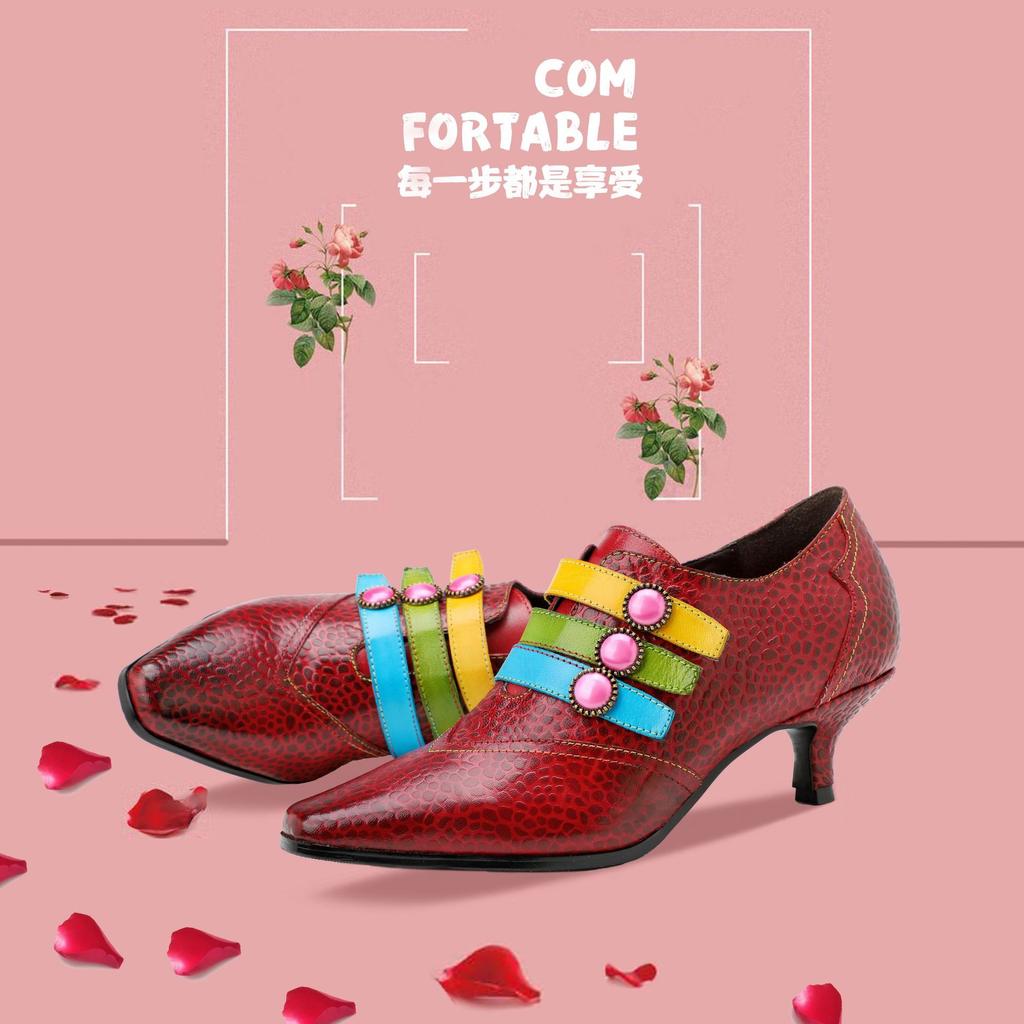 Gerçek Deri Patchwork Yüksek Topuklu Retro Kabartmalı El Boyalı Pompalar Çok Yönlü Kadın Ayakkabıları