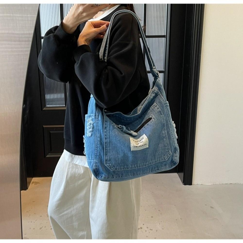 Fashion Sewing Thread Denim Crossbody Bags Zipper Multi-pocket Denim Bag Large Capacity Versatile Commuting Bag Youth Women