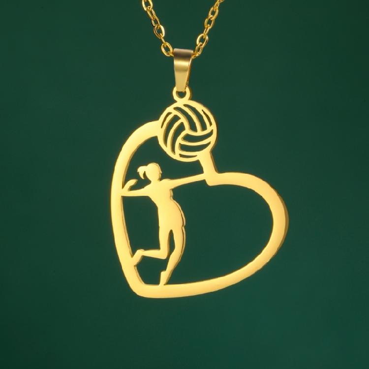 Lightweight Stainless Steel Necklace With Athletic Volleyball Pose And Heart Pendant Neck Chain For Women And Men