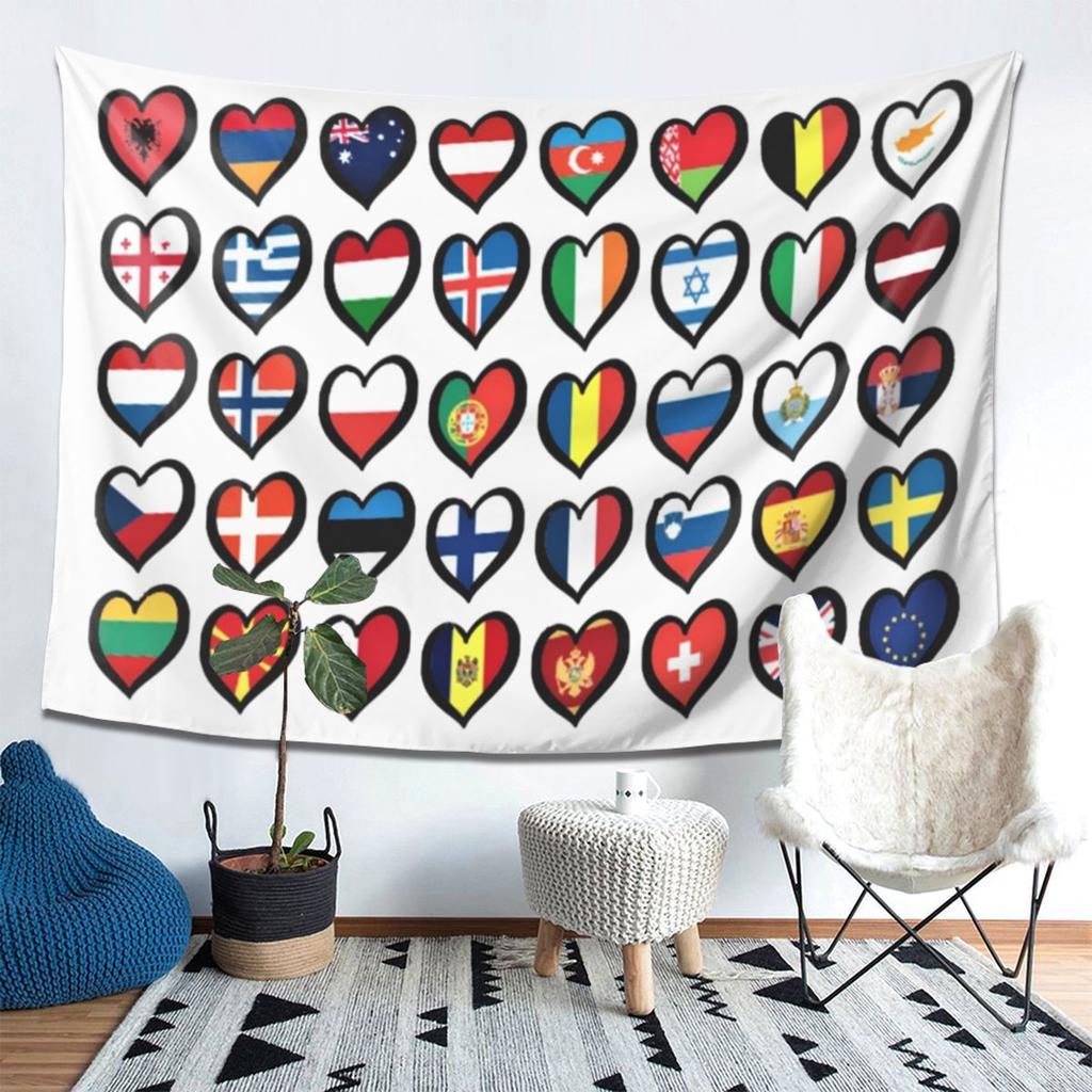 Eurovision Song Contest Flaggen Herzen Wandteppich Dekoration Kunst Ästhetische Wandteppiche für Schlafzimmer Zuhause Wandtuch Wandbehang