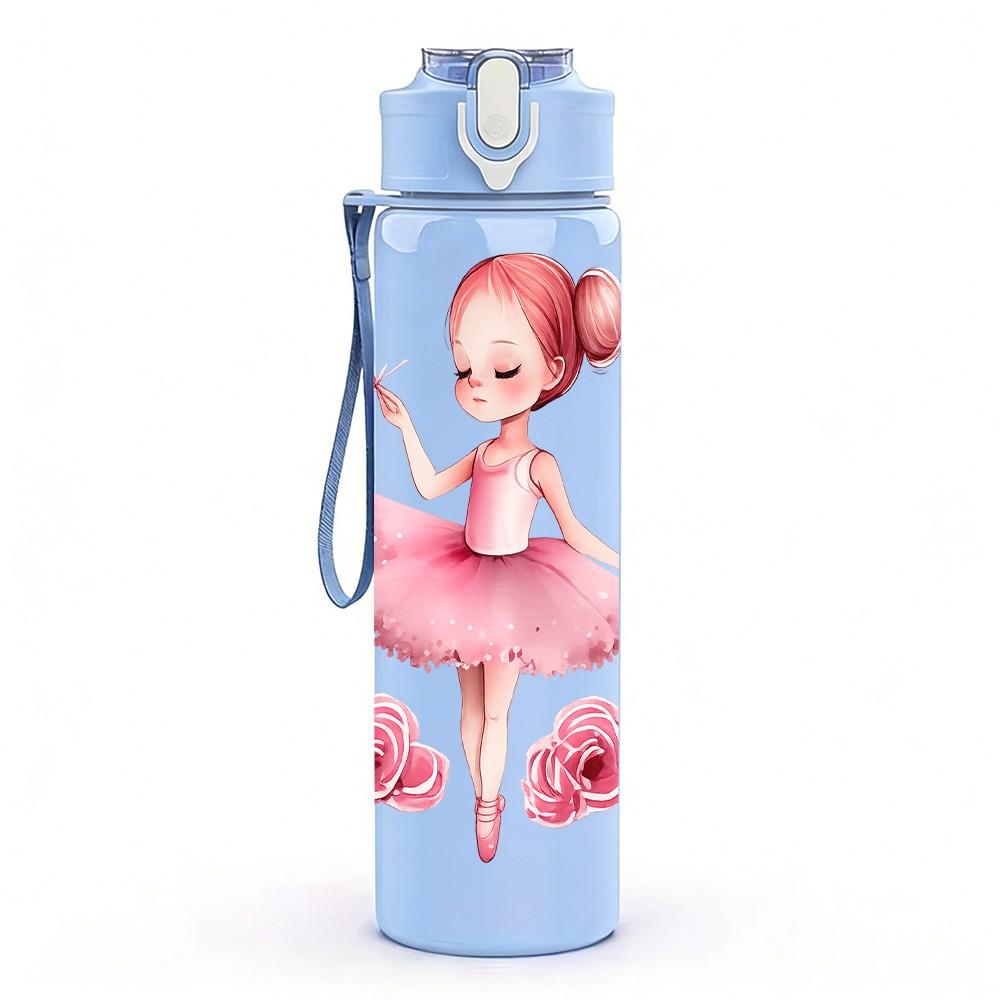 1PC Soft Pink Ballerina Girl Print 750ml Color Plastic Sports Water Bottle Leakproof Flip Straw Lid Suitable for Sports Office Home Use
