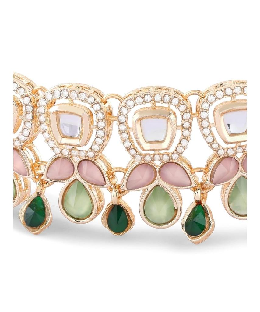 Halskette, Ohrringe und Ring-Set mit grünen und rosa Steinen und österreichischen Diamanten für Damen