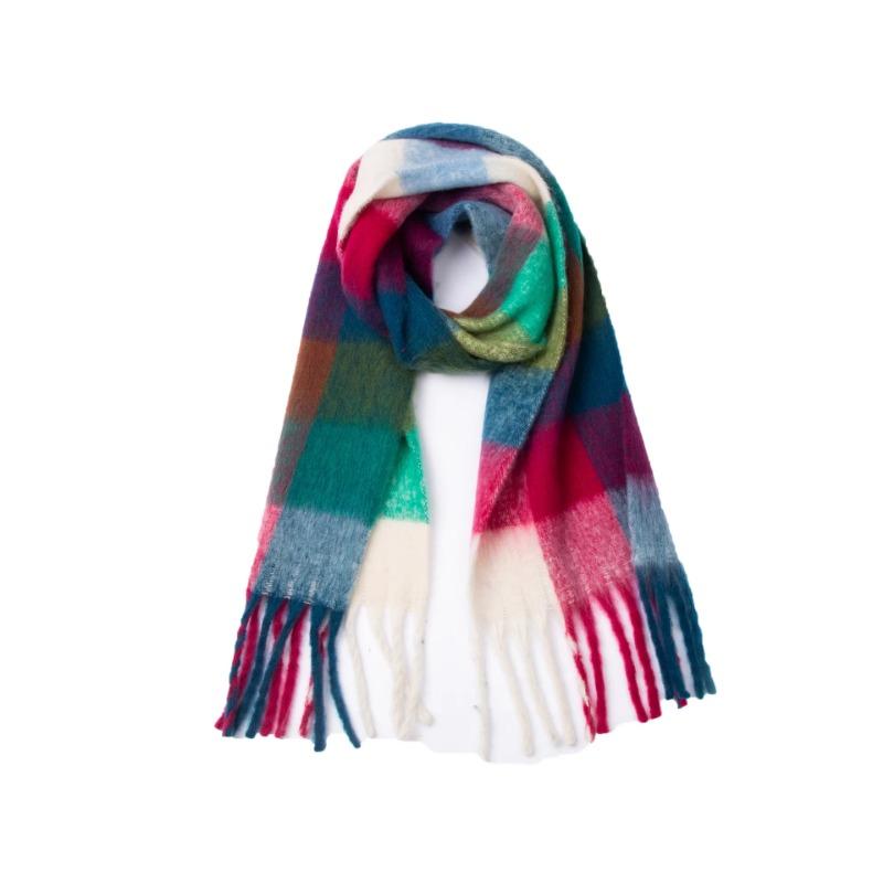 Winter Yarn Thicken Style Luxury Multicolour Plaid Faux Mohair Scarf Women Tassel Long Ring