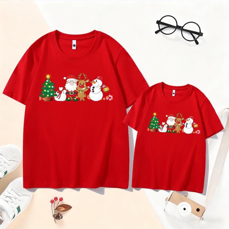 Family Christmas Reindeer T-Shirt Set: New Year Parent-Child Santa Claus Outfit for 3-4 Members, Mother-Daughter Short Sleeve.