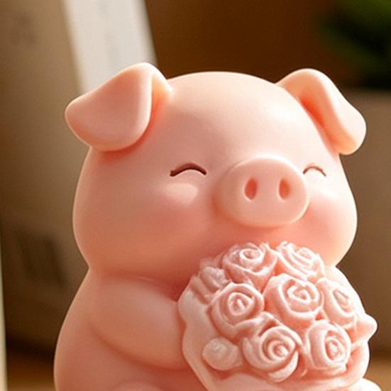 Three Dimensional Pig Figurine 3D Printed with Flower Bouquet, Cute Piglet Desktop Home Office Table Decor Ornament, Creative And Statue for