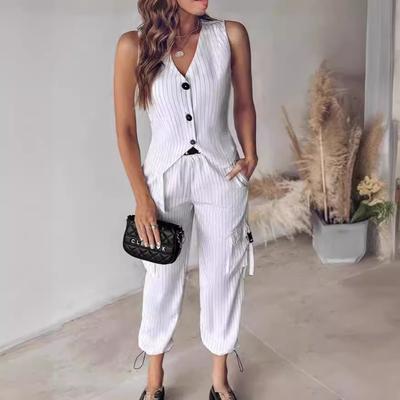 Summer Women's White Striped Vest Suit Casual V-neck Button Top Pocket Loose Pants Outfits Two-piece Suit for Women Elegant