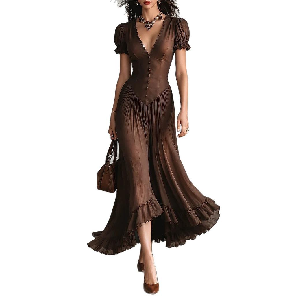 European and American French Elegant Medium Long Sexy Deep V-Neck Short Sleeve TikTok Spot Long Dress Dress