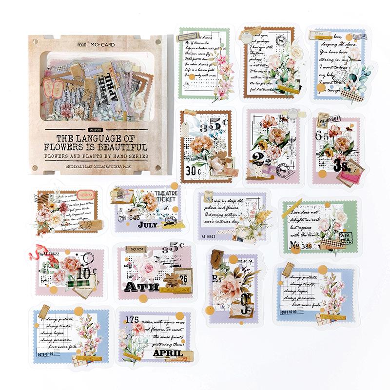 30 pcs Vintage Plant Flowers PET Stickers pack Decorative collage Adhesive Diy Hand Account Diary Album Scrapbooking accessories