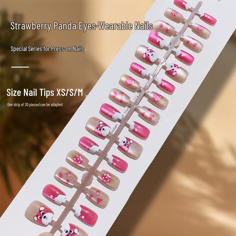 

Strawberry Panda Eyes Pink Cartoon Wearable Nail Pieces for Kids