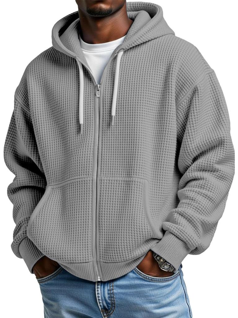 Men's 2025 Waffle Texture 3D Print Double Hooded Zip Sweatshirt