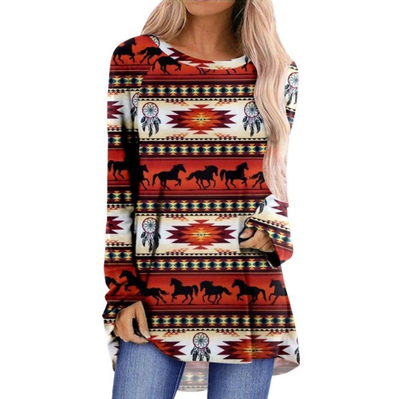 Summer Women's  Fashion Long Sleeve T-Shirt Women'S Printed Top Autumn And Winter Casual  Large Size Round Neck Clothing