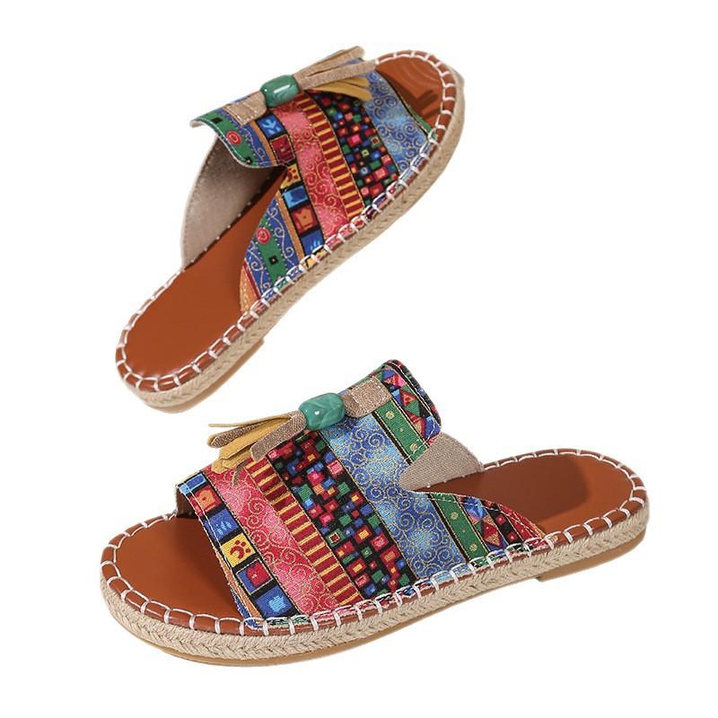 Bohemian Flat Slippers Women's Summer Fringed Beach Sandals Color Matching Large Size