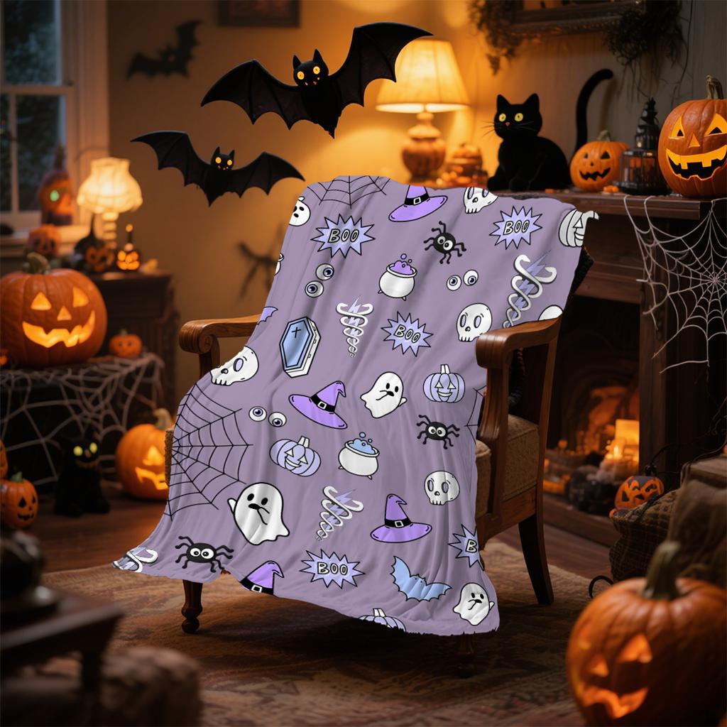 1pc Orenge Purple Halloween Blanket Ghost Bats Print for Sofa Skin-Friendly Soft Blanket New for Home Halloween Decoration