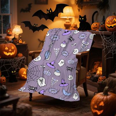 1 Stück Orange Lila Halloween Decke Geist Fledermäuse Druck für Sofa Hautfreundliche Weiche Decke 2025 Neu für Zuhause Halloween Dekoration