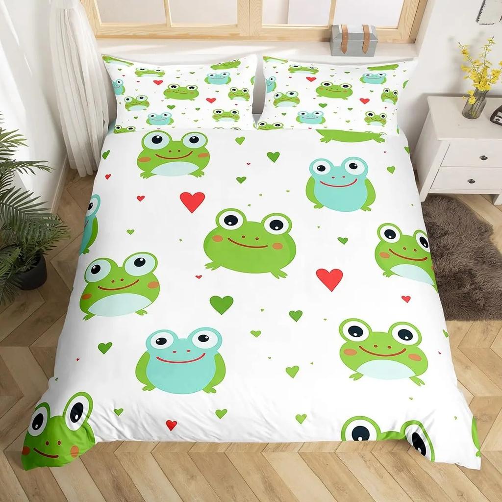 Kawaii Kikkers Dekbedovertrek King Queen Cartoon Dieren Thema Beddengoed Set Grappige Wildernis Dekbedovertrek Kinderkamer Zacht Dekbedovertrek