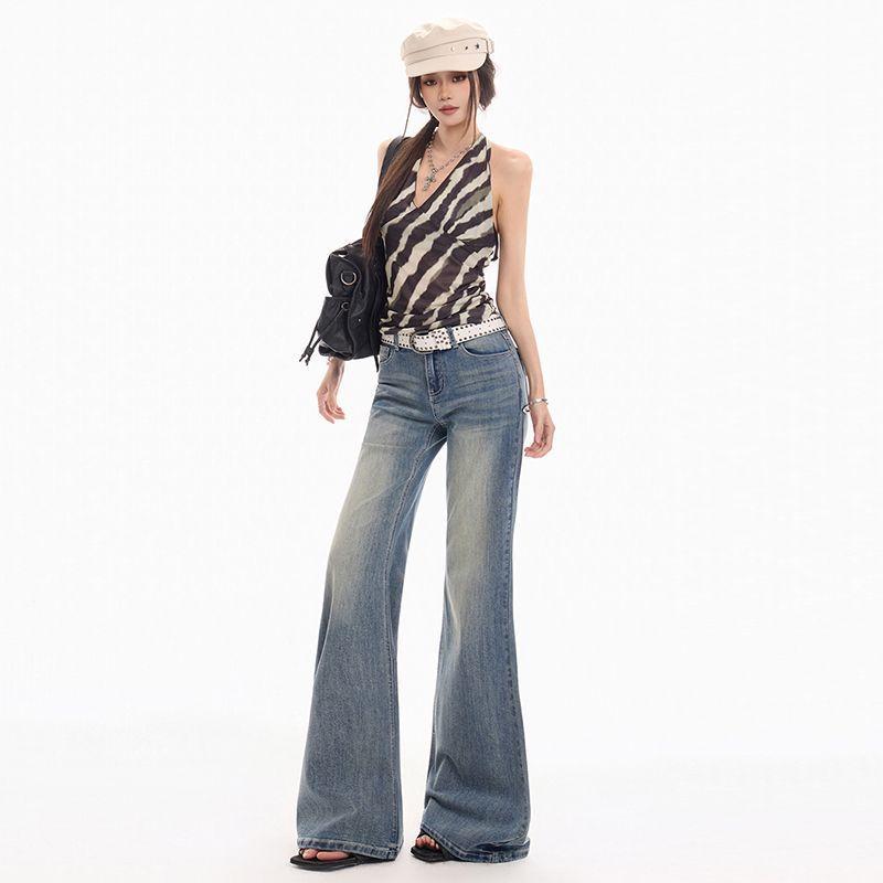 Spring Summer Vintage Light Blue Y2K Slim Horse Hoof Micro Flare Denim Pants For Ladies Casual Pants Oversize Denim Trousers