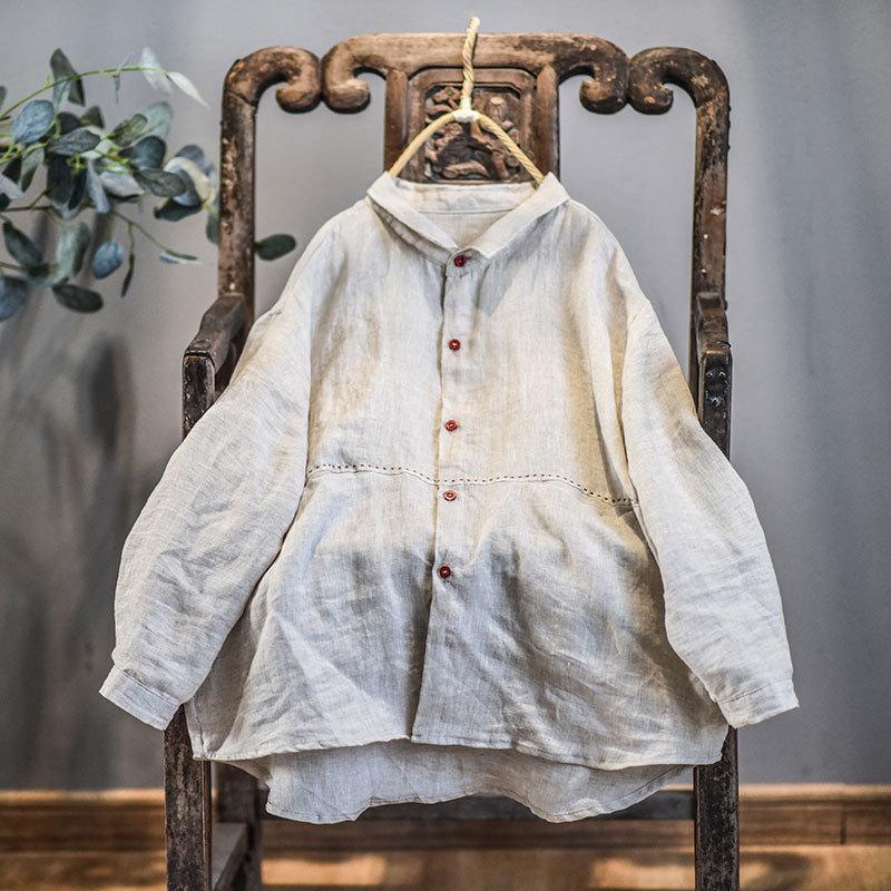 

Four Seasons Women Linen Embroidery Shirts and Tops Turn-down Collar Button Vintage Female Loose Blouser One Size бежевий