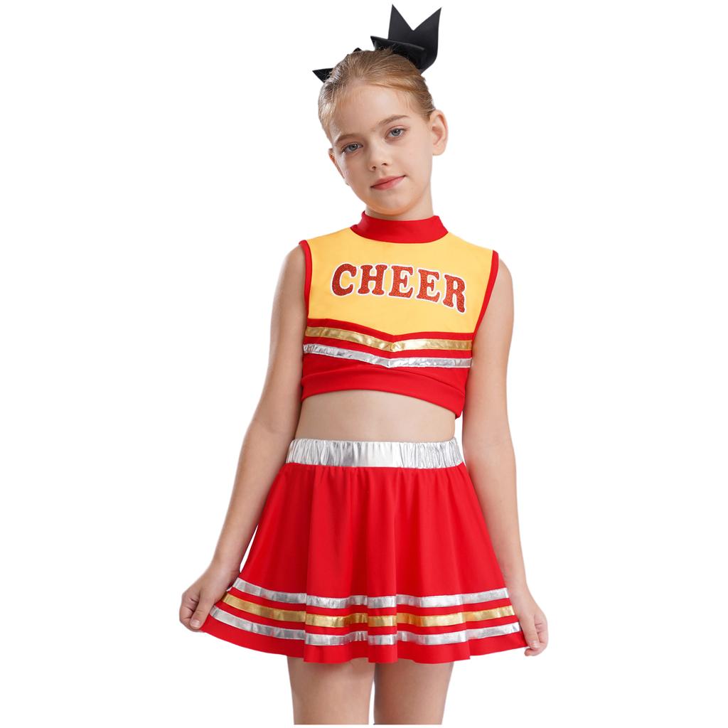 Dziewczęcy crop top bez rękawów z golfem i nadrukiem liter, elastyczny pas, spódnica w paski, zestaw do cheerleadingu i tańca