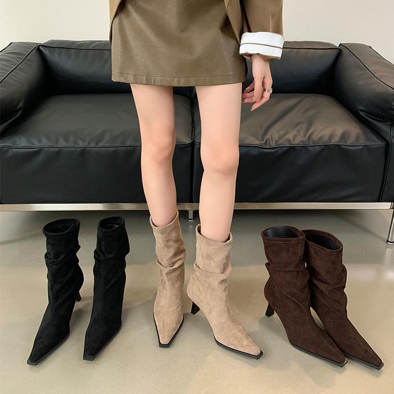 Pointed Short Boots Women's Thin Heel 2025 Sense New Autumn and Winter High Heel Medium Tube Thin Boots Women
