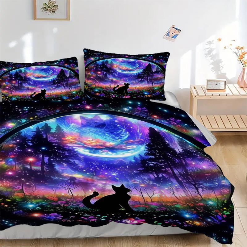 3pcs Colorful Fantasy Cat Bedding Set - Includes One Quilt Cover and Two Pillowcases (No Core) - Home Decor, Festival Gift, Polyester Fabric