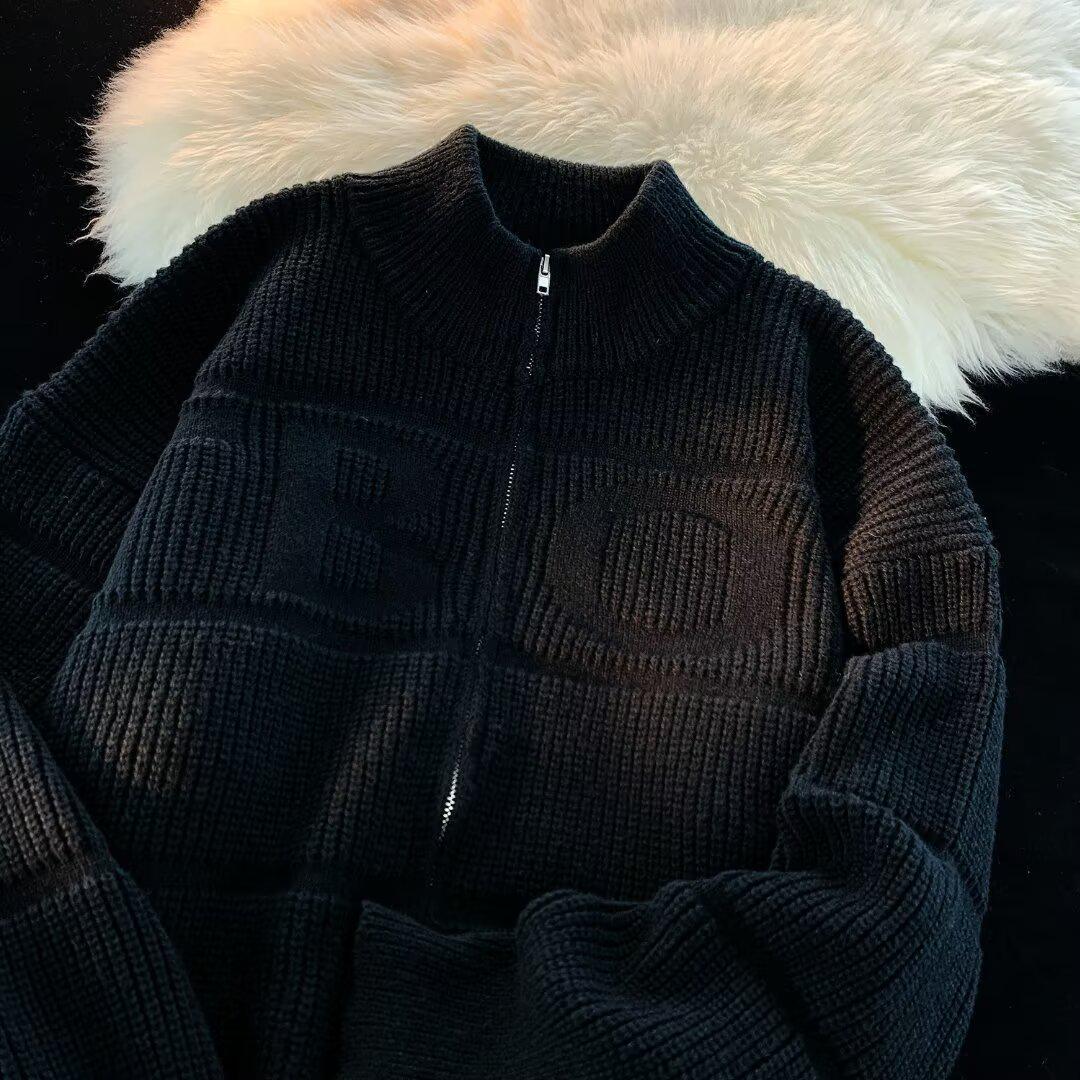 

Men s Autumn Winter Retro Knit Sweater Coat - Stand Collar, Korean Hong Kong Style, Loose Fit, Thickened Cardigan. XXL чорний