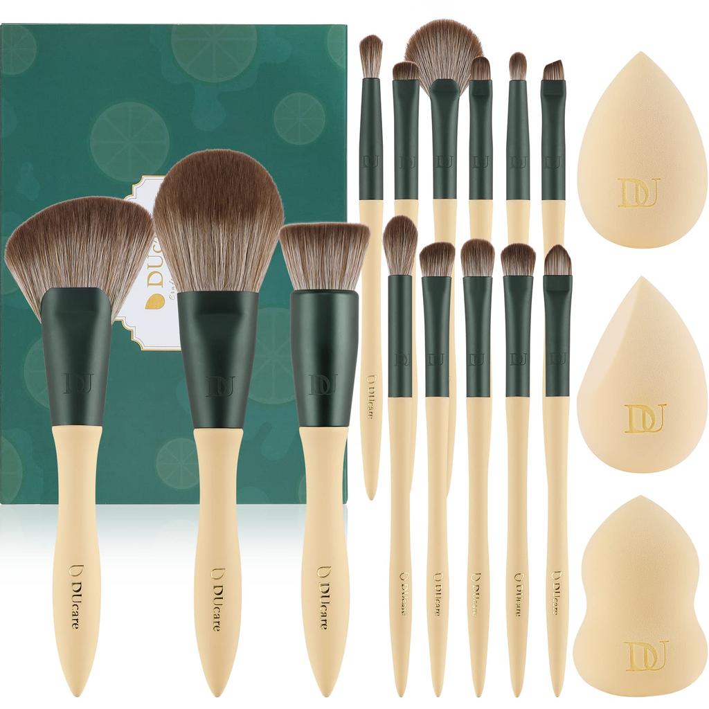 DUcare Makeup Brush Set Brushes and 3 with Storage Premium Taklon and Includes a Carrying Bag and Gift (14 Sponges) Pouch, Fiber, Ultra-Soft Brushes,