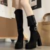 Vintage Platform Thick Heel Women Knee High Boots Fashion Slip On Shoes Autumn Winter Female Slim Suede Long Booties
