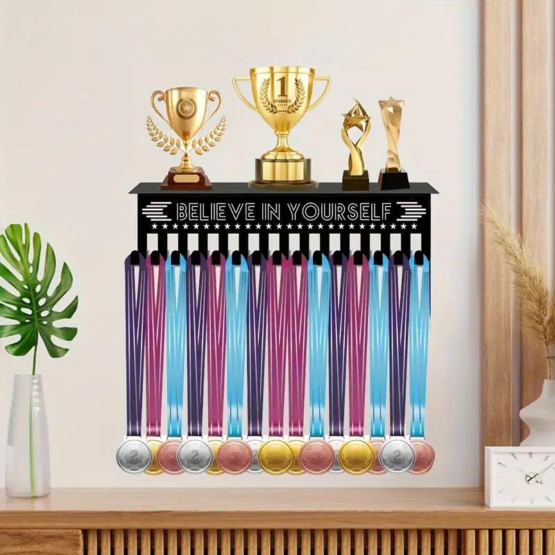 Wall Mounted Medal Display Rack Metal Trophy Shelf Medal Hanger Display With 15 Hooks Medal Holder Sturdy Honor Ribbon Organizer